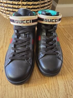 Gucci Black Leather High-Top Sneakers with Signature Web Stripe